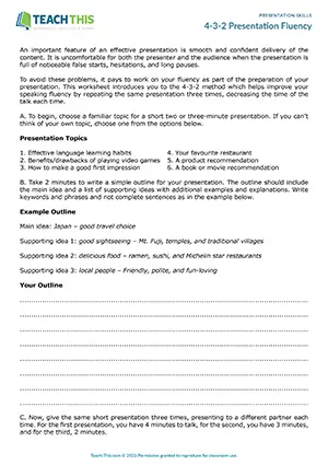 EAP presentation fluency practice preview for Intermediate (B1) showing 4-3-2 method, outlining, and partner presentation activities