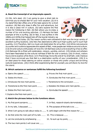 EAP impromptu speech worksheet preview for Upper-intermediate (B2) showing identifying, matching, brainstorming, and speech activities