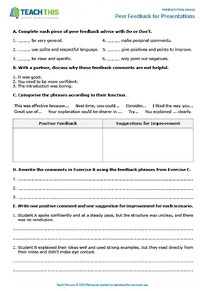 EAP academic presentation skills activity preview for Upper-intermediate (B2) showing gap-fill, categorising, writing and rewriting sentences, guided discussion, presenting, peer feedback, freer practice