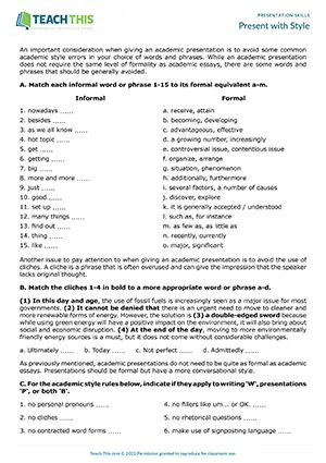 EAP academic presentation skills worksheet preview for Intermediate (B1) showing matching, rewriting, and style analysis activities