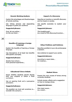 EAP academic presentation skills worksheet preview for Upper-intermediate (B2) asking and answering questions, peer feedback, and presentation activities