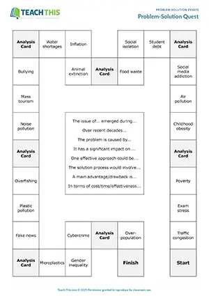 EAP problem-solution essays game preview for Upper-intermediate (B2) showing impromptu speech, critical thinking, creating an essay outline, presenting