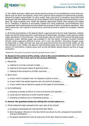 EAP reading comprehension worksheet preview for Advanced (C1) showing matching, scanning, multiple choice, and paragraph writing