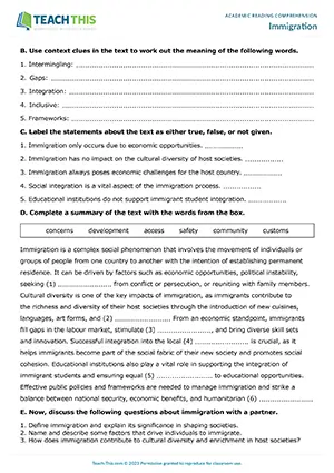 EAP reading comprehension worksheet preview for Upper-intermediate (B2) showing context meaning, true/false, summary, and discussion