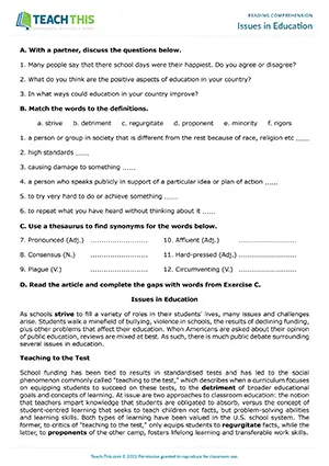 EAP reading comprehension worksheet preview for Advanced (C1) showing matching, thesaurus, gap-fill, and multiple choice activities