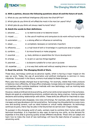 EAP reading comprehension worksheet preview for Intermediate (B1) showing matching, true/false/not given, and guided discussion activities