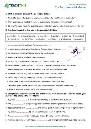 EAP reading comprehension worksheet preview for Advanced (C1) showing matching, gap-fill, multiple choice, and short answer questions