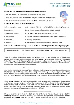EAP reading comprehension worksheet preview for Intermediate (B1) showing matching, multiple choice, gap-fill, and discussion activities