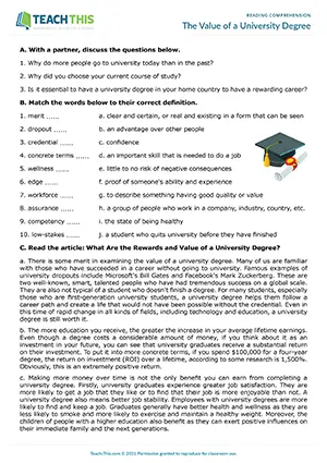 EAP reading comprehension worksheet preview for Advanced (C1) showing matching, true/false/not given, and multiple choice activities