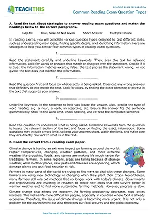 EAP reading exam question types worksheet preview for Intermediate (B1) showing true/false, multiple-choice, gap-fill, and short answer practice