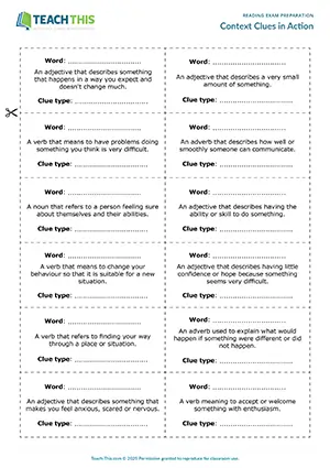 EAP context clues activity preview for Intermediate (B1) showing matching, identifying, and context clue use