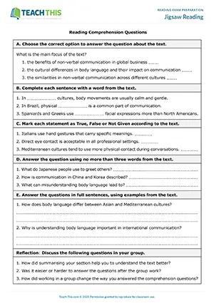 EAP reading exam preparation activity preview for Intermediate (B1) showing summary writing, presenting, and comprehension questions