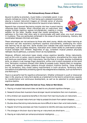 EAP reading exam preparation activity preview for Upper-intermediate (B2) showing true/false/not given, evidence citation, and discussion tasks