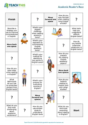EAP reading skills game preview for Upper-intermediate (B2) showing impromptu speech, multiple-choice, and group practice