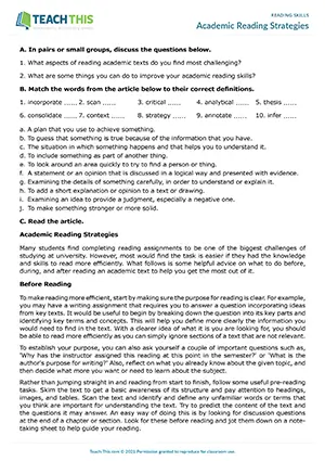 EAP reading skills worksheet preview for Upper-intermediate (B2) showing matching, true/false, and summary activities
