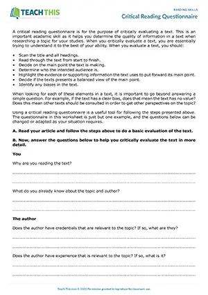 EAP critical reading worksheet preview for Upper-intermediate (B2) showing evaluation, discussion, and text suitability activities