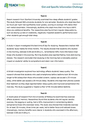 EAP reading skills game preview for Intermediate (B1) showing gist reading, comprehension, and detail activities