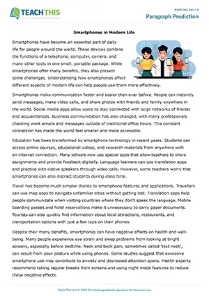 EAP reading skills game preview for Intermediate (B1) showing prediction, summary writing, and peer review activities