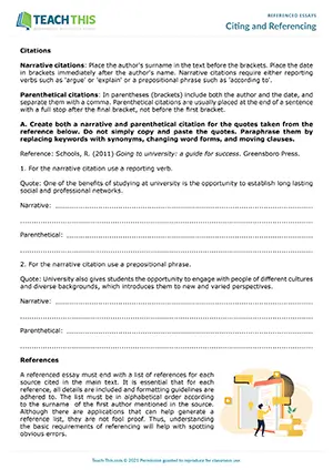 EAP citing and referencing worksheet preview for Upper-intermediate (B2) showing writing citations, reference lists, and short answer activities