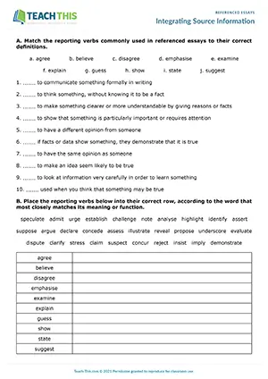 EAP source integration worksheet preview for Upper-intermediate (B2) showing matching, categorising, paraphrasing, and citation tasks