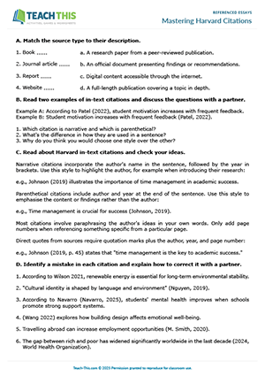 EAP Harvard citations worksheet preview for Upper-intermediate (B2) showing matching, gap-fill, citation writing, and discussion activities
