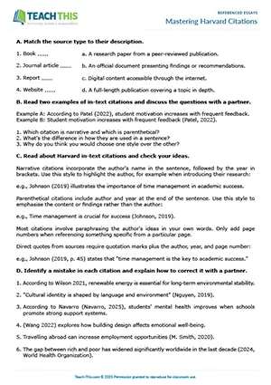 EAP Harvard citations worksheet preview for Upper-intermediate (B2) showing matching, gap-fill, citation writing, and discussion activities