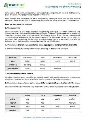 EAP paraphrasing and summary writing worksheet preview for Upper-intermediate (B2) showing paraphrasing, identifying, and summary writing tasks