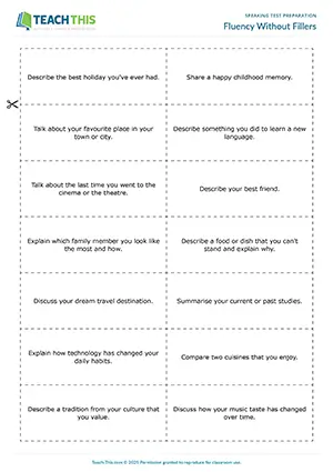 EAP speaking fluency activity preview for Intermediate (B1) showing brainstorming, discussion, impromptu speech, and fluency practice