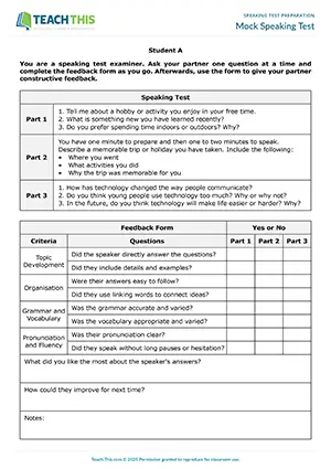 EAP mock speaking test activity preview for Intermediate (B1) showing guided discussion, Q&A, peer review, and feedback tasks