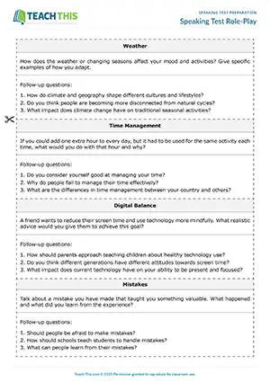 EAP speaking test preparation activity preview for Upper-intermediate (B2) showing impromptu speech, peer feedback, freer practice activities