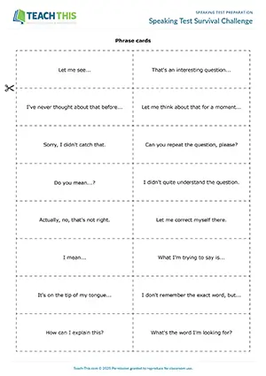 EAP speaking test preparation game preview for Intermediate (B1) showing categorising, multiple choice, and realistic speaking activities