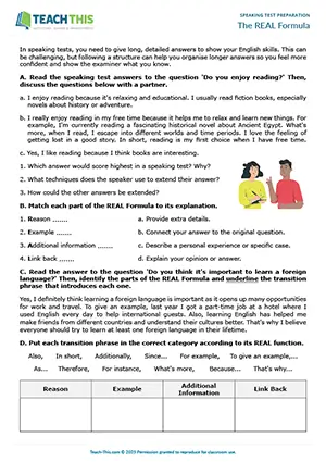 EAP speaking test preparation worksheet preview for Intermediate (B1) showing identifying, categorising, and impromptu speech activities