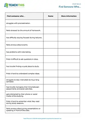 EAP study skills activity preview for Intermediate (B1) showing question prompts, discussion, and communicative group practice