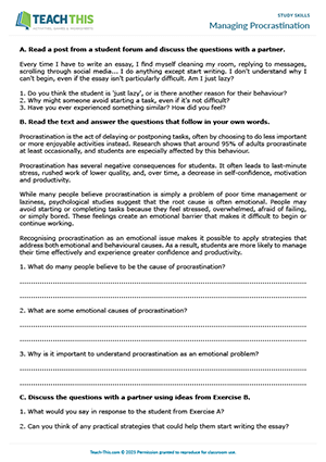 EAP study skills worksheet preview for Upper-intermediate (B2) showing procrastination causes, management strategies, and personal action planning