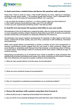 EAP study skills worksheet preview for Upper-intermediate (B2) showing procrastination causes, management strategies, and personal action planning