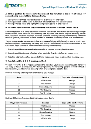EAP study skills worksheet preview for Upper-intermediate (B2) showing spaced repetition, and review strategies, and creating personalised study plans