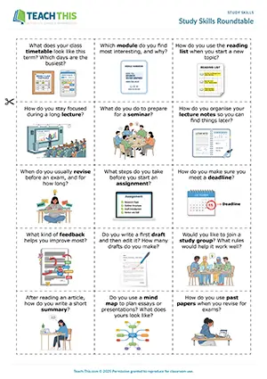 EAP study skills activity preview for Intermediate (B1) showing asking and answering questions, guided discussion, freer practice, group work
