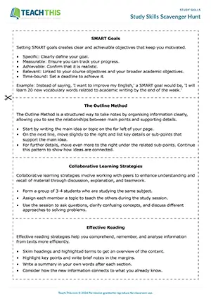 EAP study skills game preview for Upper-intermediate (B2) showing scavenger hunt, comprehension questions, and paragraph writing activities
