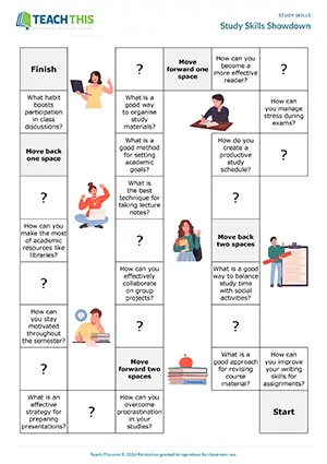 EAP study skills board game preview for Upper-intermediate (B2) showing impromptu speech, multiple-choice questions, and group practice