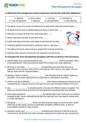 EAP study skills worksheet preview for Intermediate (B1) showing time management vocabulary, scenario analysis, and guided discussion