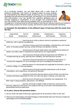 EAP study skills worksheet preview for Intermediate (B1) showing learning types, scenario matching, and presentation activities