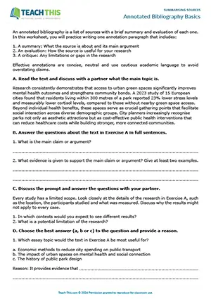 EAP Summarising Sources Worksheet preview for Advanced C1: comprehension questions, multiple-choice, note-taking, paragraph writing, peer review