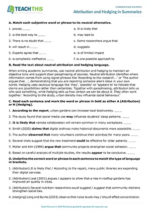EAP summarising sources worksheet preview for Upper-intermediate (B2) showing matching, categorising, binary choice, paraphrasing, summary writing, peer feedback