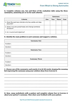 EAP summarising sources worksheet preview for Upper-intermediate (B2) showing evaluating, problem-solving, summary rewriting, peer feedback