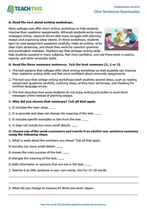 EAP Summarising Sources Worksheet preview for Intermediate B1: identifying, summarising, peer review, pair work