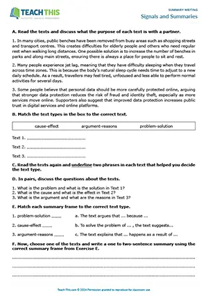 EAP Summary Writing Worksheet preview for Intermediate B1: matching, identifying, summary writing, guided discussion, freer practice, pair work