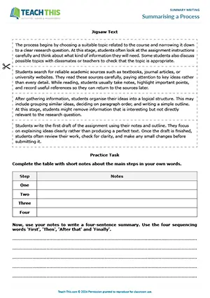 EAP Summarising Activity preview for Intermediate B1: identifying, table completion, summary paragraph writing, peer feedback, pair work