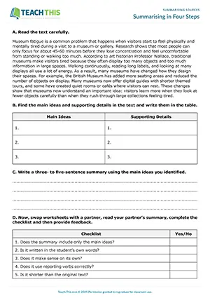 EAP summarising sources worksheet preview for Upper-intermediate (B2) showing identifying, categorising, summarising, peer feedback, pair work