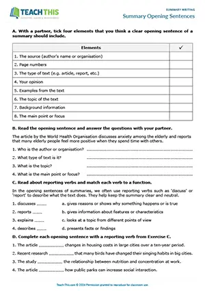 EAP summarising sources worksheet preview for Upper-intermediate (B2) showing identifying, matching, gap-fill, multiple choice, writing opening sentences, pair work