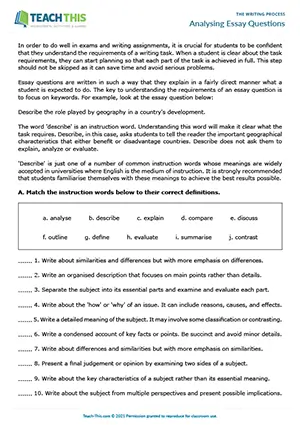 EAP analysing essay questions worksheet preview for Intermediate (B1) showing matching activities, thesis writing, and main idea development